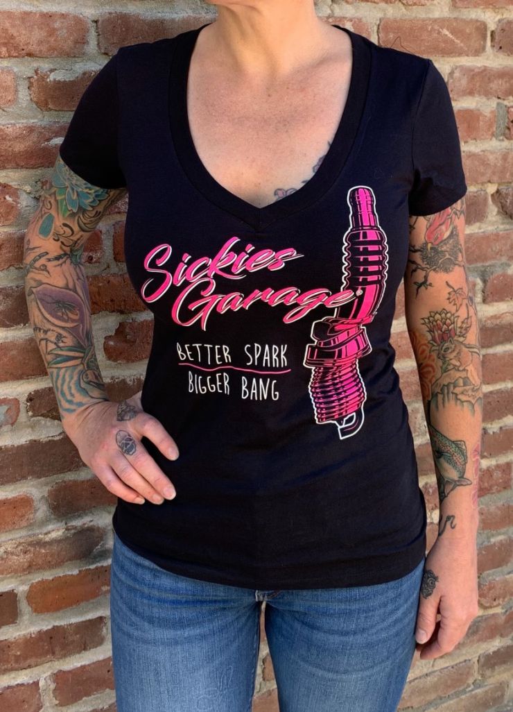Ladies Pink Spark Plug V-Neck Tee