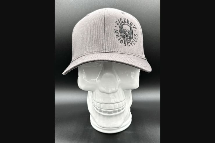 Grey Curved Black Skull Fitted Hat
