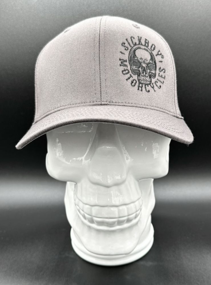Grey Curved Black Skull Fitted Hat