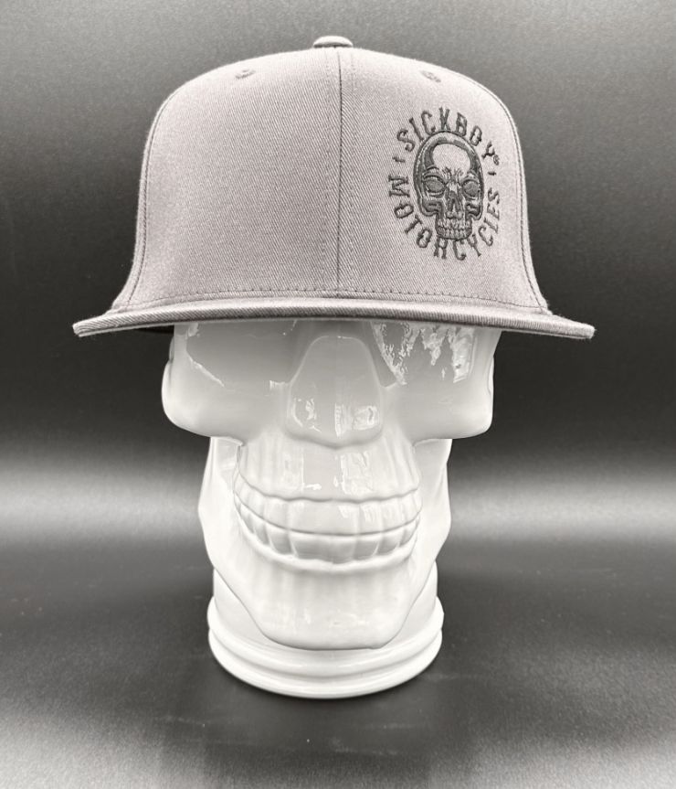 Grey Flat Black Skull Fitted Hat