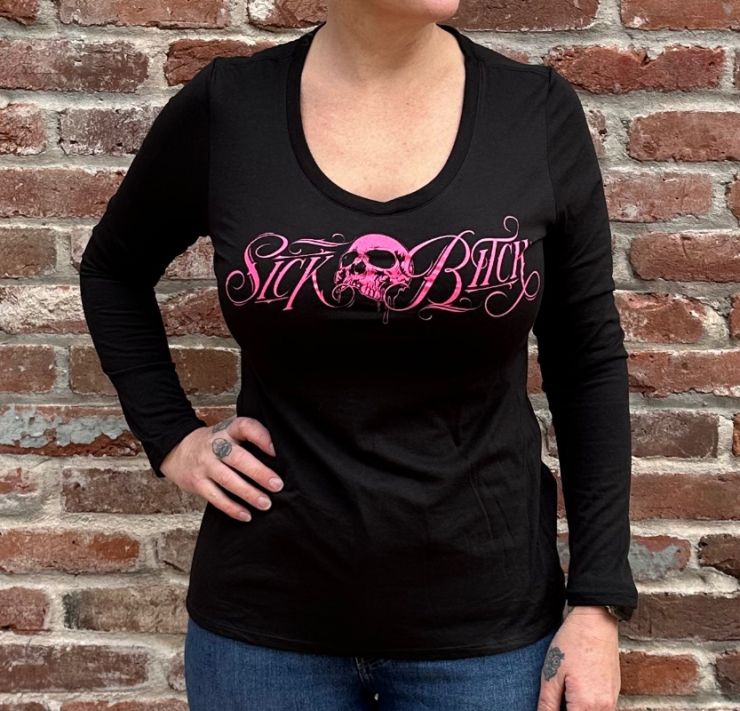 Ladies Pink Skull V-neck Long Sleeve