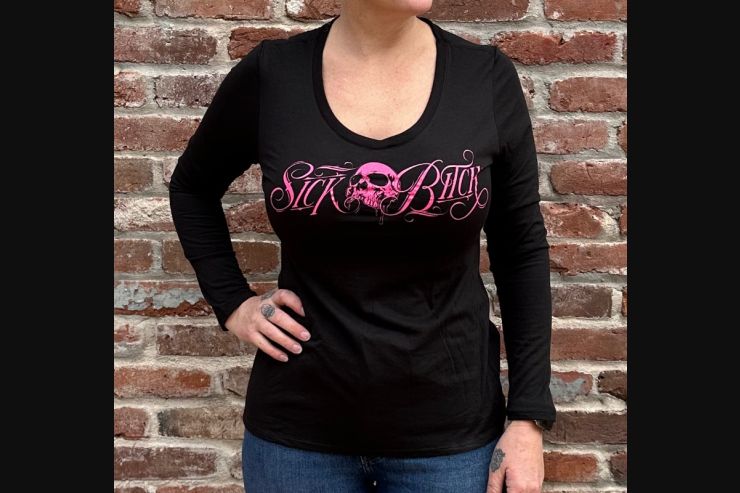 Ladies Pink Skull V-neck Long Sleeve