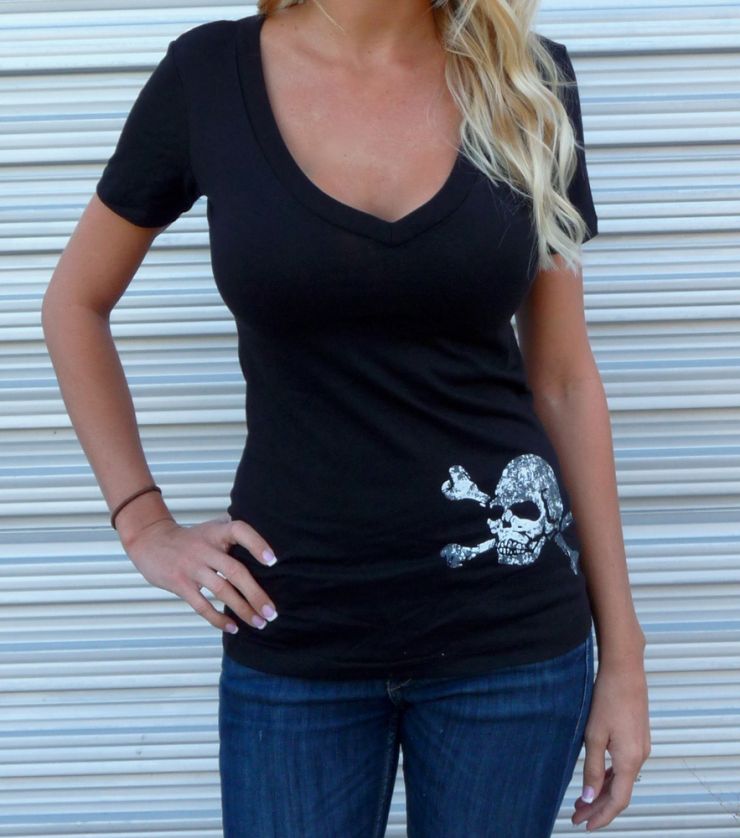 Sick Bitch Motorcycles Women's Black V-Neck Skull T-shirt