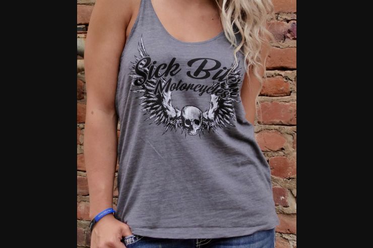 Sick Bitch Motorcycles Ladies grey Sick Bitch flowy tank t-shirt.