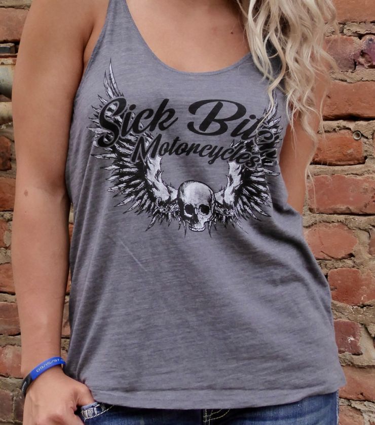 Sick Bitch Motorcycles Ladies grey Sick Bitch flowy tank t-shirt.