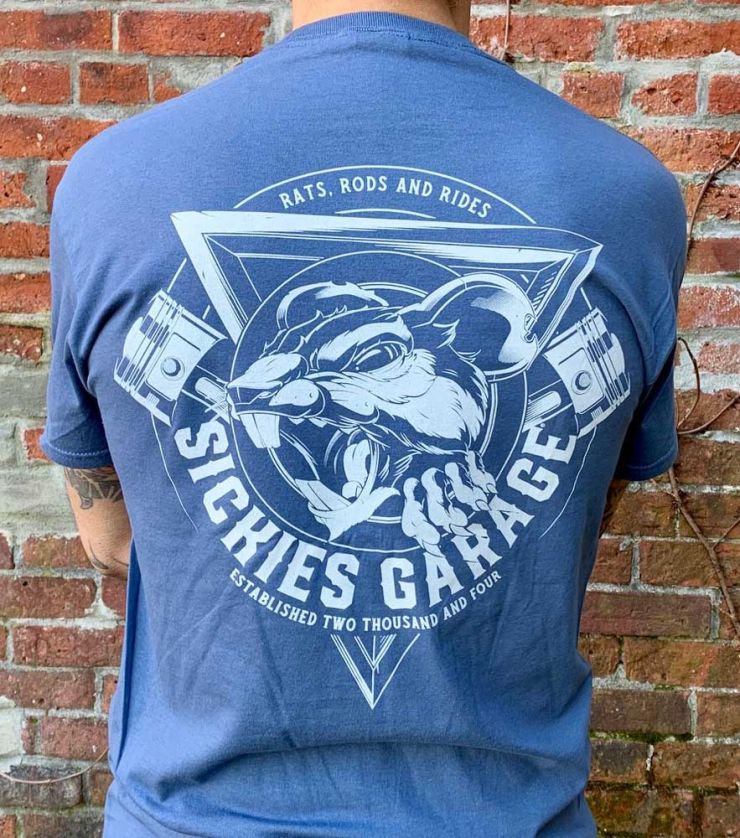 Sickies Garage Blue Rats, Rods, and Rides T-Shirt