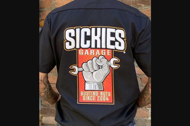 Sickies Garage Bustin Nuts Since 2004 “Dickies” Brand Button Up Work Shirt.
