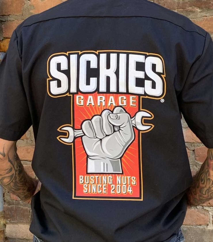 Sickies Garage Bustin Nuts Since 2004 “Dickies” Brand Button Up Work Shirt.