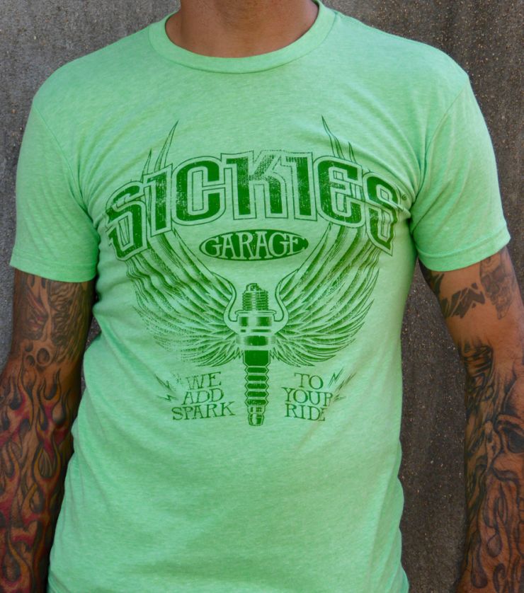 Green Sickies Garage Spark Plug T-shirt