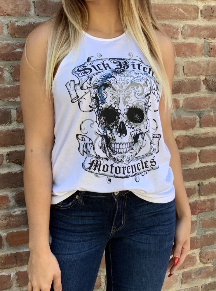 Ladies White Sugar Skull High Neck Tank