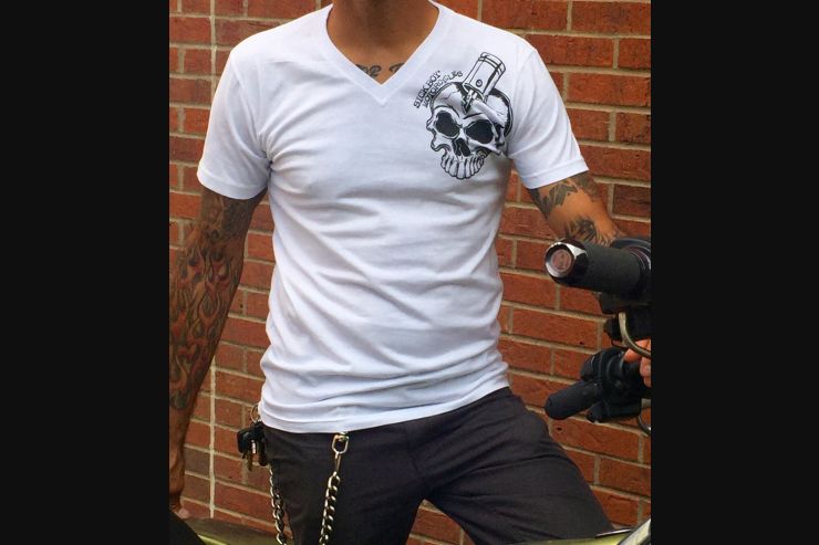 Sick Boy Motorcycles Men's White Skull With piston V-neck T-Shirt