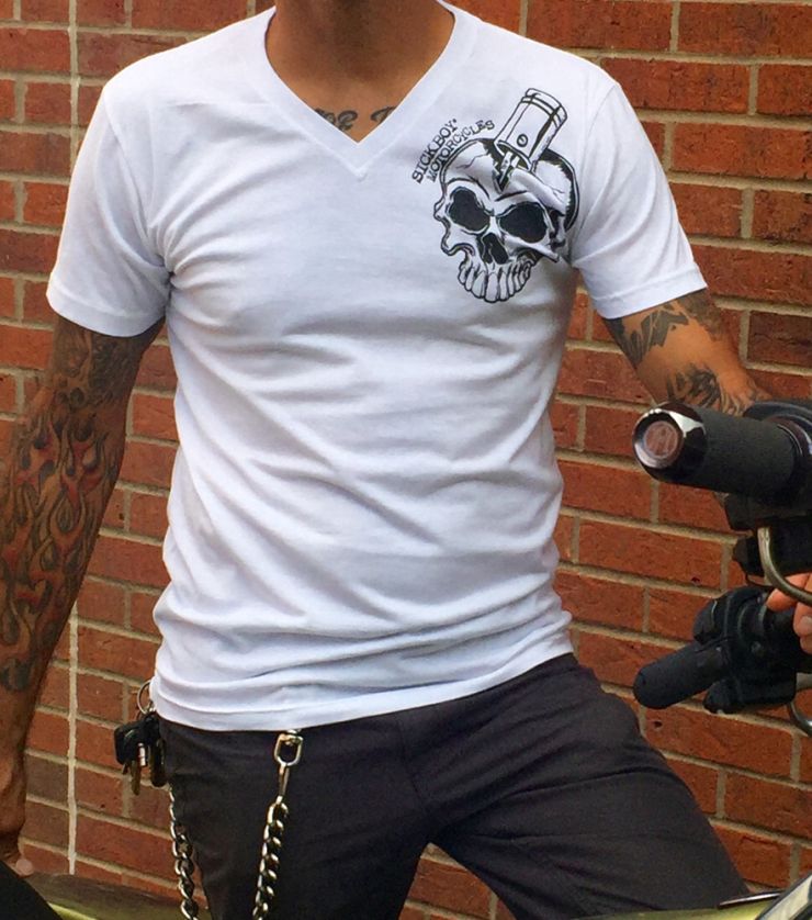 Sick Boy Motorcycles Men's White Skull With piston V-neck T-Shirt